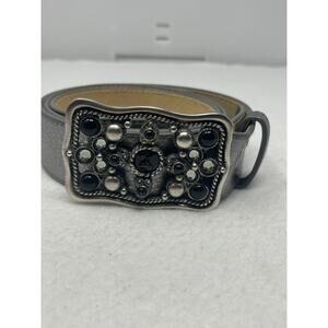 Vtg LEATHEROCK Belt Womens Sz 36 Silver Leather Rhinestone Faux Pearls Made USA‎